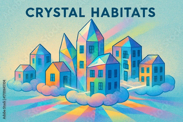 Fototapeta Crystal Habitats: Futuristic Multifaceted Apartment Buildings with Rainbow Light