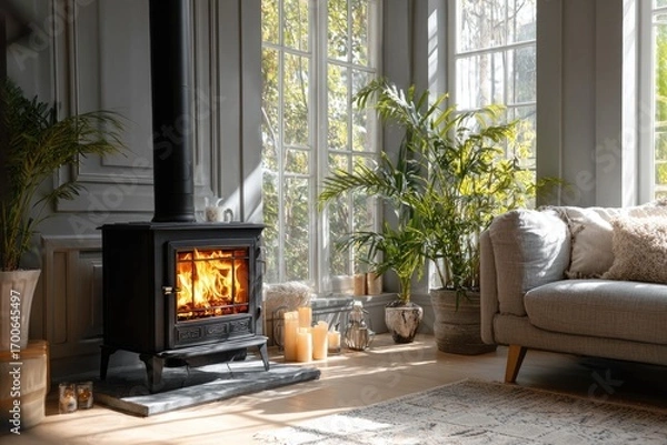 Fototapeta Cozy living room with fireplace. Sunlight streams through large windows into a room with a dark gray fireplace, a light gray couch, and greenery