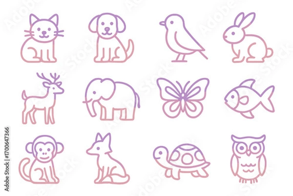 Fototapeta Gradient Animal Icons. Line style icons of gradient animals: gradient cat, gradient dog, gradient bird, gradient rabbit; gradient