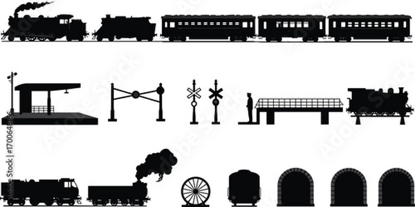 Obraz Vintage steam trains, train station platform, railway crossing signals, train conductor silhouette, train tunnel entrance, railroad transportation icons, retro locomotive