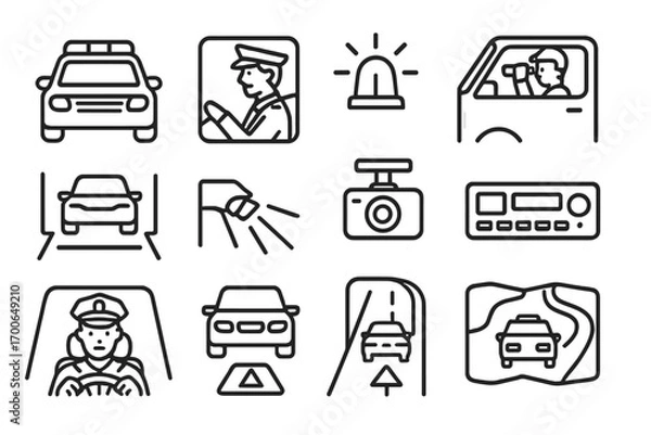 Fototapeta Vehicle Patrol Icons. Line style icons of vehicle patrol: patrol car icon, driving officer, lightbar on roof, street scan from