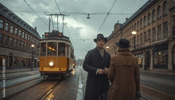 Fototapeta Vintage tram approaches Berlin street as couple waits under winter sky