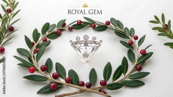 Fototapeta Elegant Crowned Gem Surrounded by Greenery and Red Berries