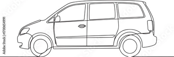 Fototapeta Black and white continuous line drawing of a family minivan car in a simple side profile view