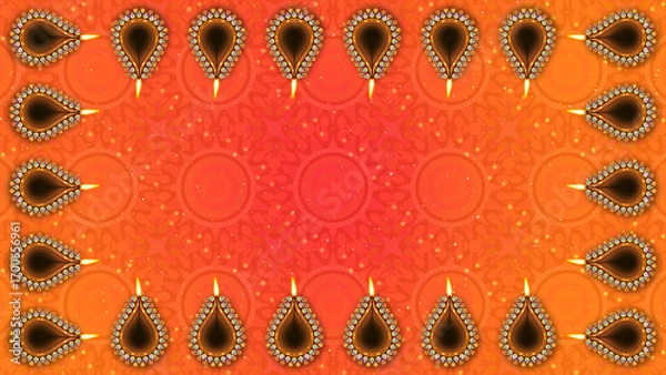 Fototapeta Clay diya lamps in frame with vibrant orenge gradient colour and animated traditional pattern for diwali holiday.