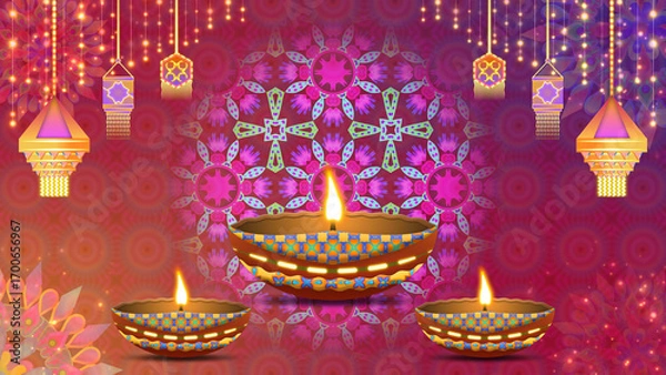 Fototapeta Diwali festival celebration animation on vibrant colours, colourful clay diya lamps, decoration and beautiful traditional pattern design. Beautiful diwali celebration background.
