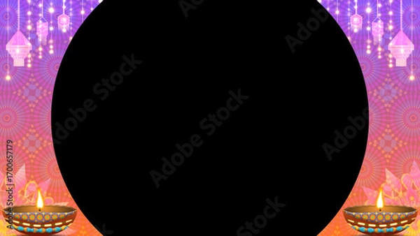 Fototapeta Diwali holiday frame decoration concept with oil lamps, light series, animated traditional pattern and hanging elements on black background.