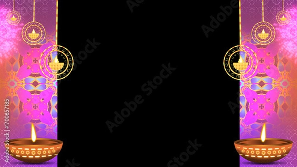 Fototapeta Diwali Holiday decoration concept with hanging elements, oil lamps and beautiful animated pattern on black background.