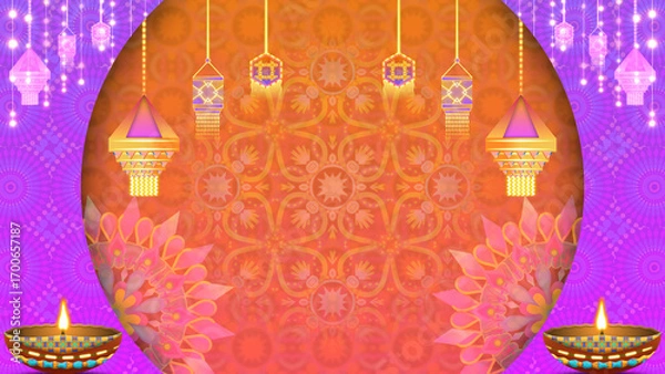 Fototapeta Diwali festival theme background with clay lamps, combination of orenge and purple gradient colours, traditional pattern and hanging decorative elements.