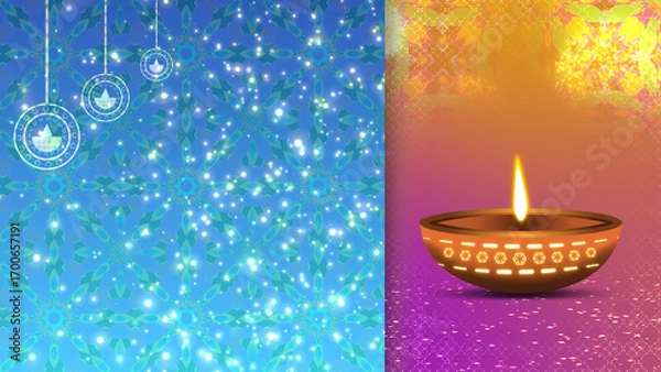 Fototapeta Diwali holiday festival decoration on Blue and purple gradient colours background with bright particles, oil lamp and animated pattern.