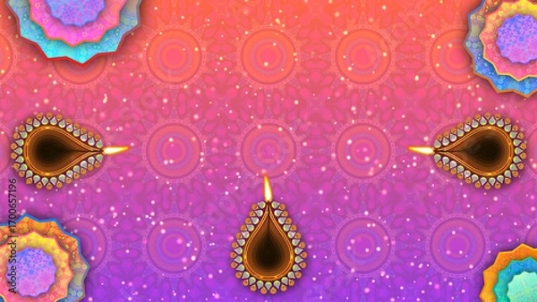 Fototapeta Oil lamps with copy space for diwali festival greetings and blessings. Clay lamps, traditional rangoli designs, and vibrant colours background for diwali celebration.