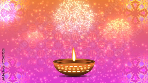 Fototapeta Diya oil lamp on decorated background with traditional pattern and fireworks. Concept for diwali holiday.