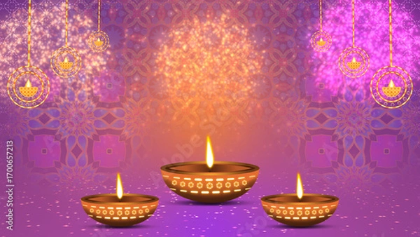 Fototapeta Three oil lamps on vibrant pink gradient colours, fireworks, animated traditional rangoli design and hanging decorative elements background for diwali holiday celebration.