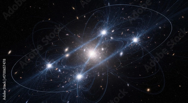 Fototapeta Intricate network of glowing subatomic particles representing quantum entanglement and the complex fabric of spacetime