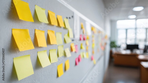 Fototapeta office space featuring minimalist design highlighting note board with blurred white text bars