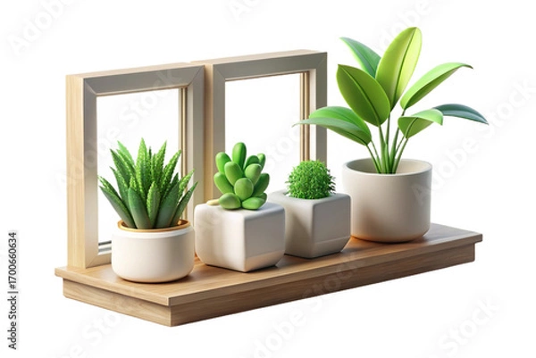 Fototapeta Indoor Plants and White Flowers on Wooden Shelf on transparent background- 3D rendering
