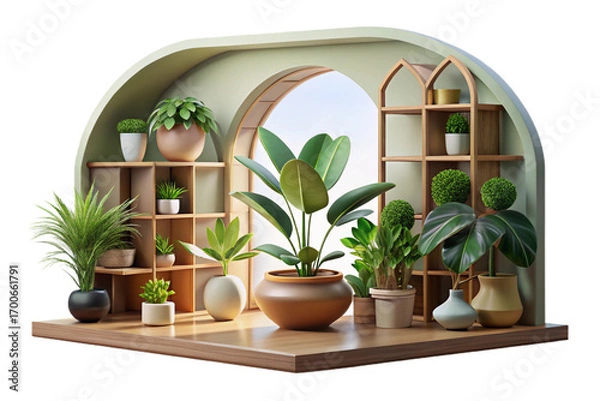 Fototapeta Indoor Plants and White Flowers on Wooden Shelf on transparent background- 3D rendering