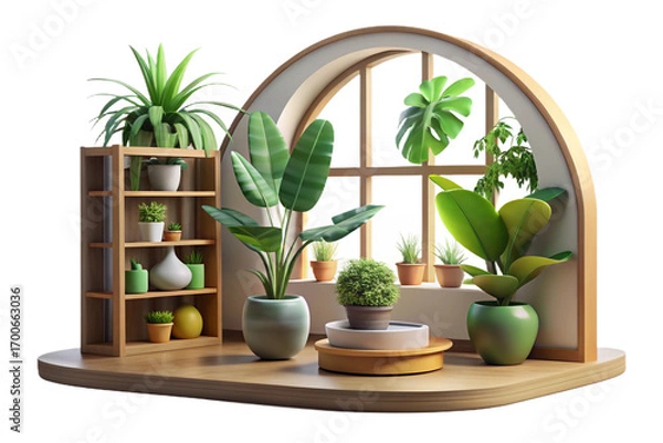 Fototapeta Indoor Plants and White Flowers on Wooden Shelf on transparent background- 3D rendering