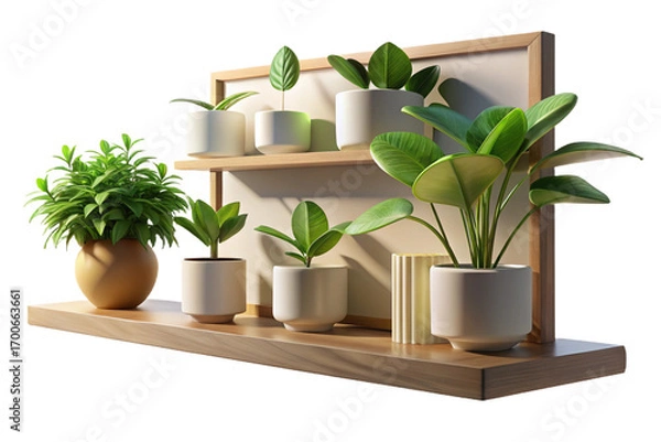 Fototapeta Indoor Plants and White Flowers on Wooden Shelf on transparent background- 3D rendering