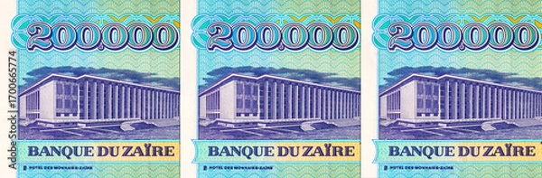 Fototapeta 200000 Zaires, Zaire, 1992 with the image of the hotel des monnaies in Zaire. Vintage paper money of Zaire.