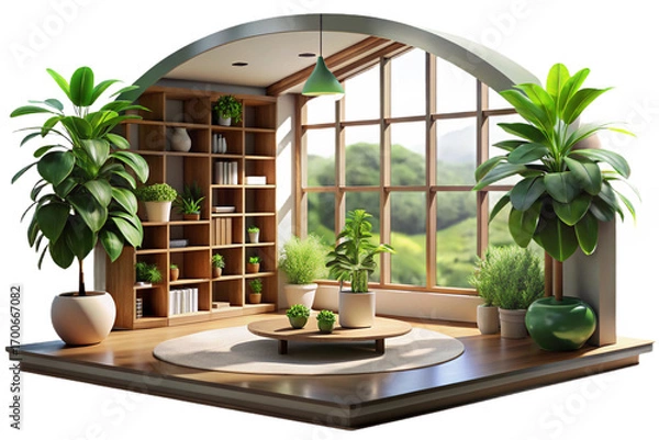 Fototapeta Indoor Plants and White Flowers on Wooden Shelf on transparent background- 3D rendering
