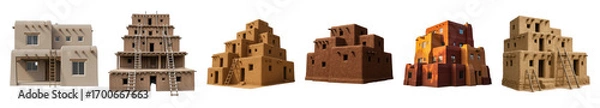 Fototapeta Adobe buildings set including pueblo, traditional, mud brick, and layered structures isolated. Architectural elements collection.