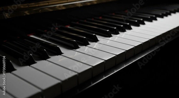 Fototapeta Close-up view of a piano keyboard's white and black keys, showcasing the intricate details and smooth, polished surfaces against a dark background.