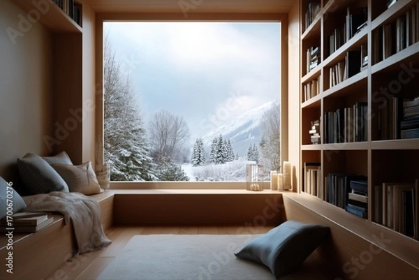 Fototapeta Cozy reading nook with snowy mountain view through large window in modern wooden cabin