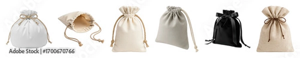 Fototapeta Drawstring pouch set including cotton, linen, velvet, and burlap options isolated. Eco-friendly packaging and gift bags.