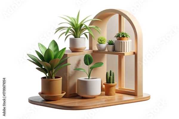 Fototapeta Indoor Plants and White Flowers on Wooden Shelf on transparent background- 3D rendering