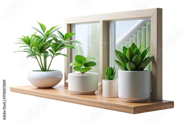 Fototapeta Indoor Plants and White Flowers on Wooden Shelf on transparent background- 3D rendering
