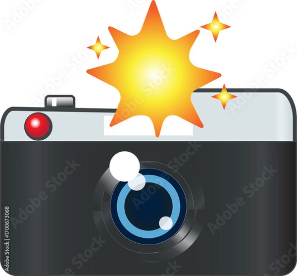 Obraz Camera with flash icon vector illustration, photo camera emoji style, photography symbol