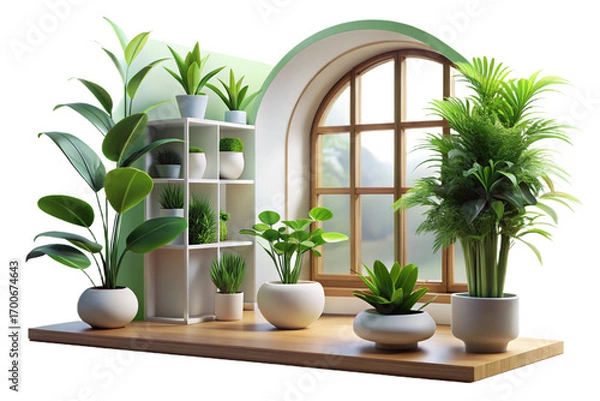 Fototapeta Indoor Plants and White Flowers on Wooden Shelf on transparent background- 3D rendering