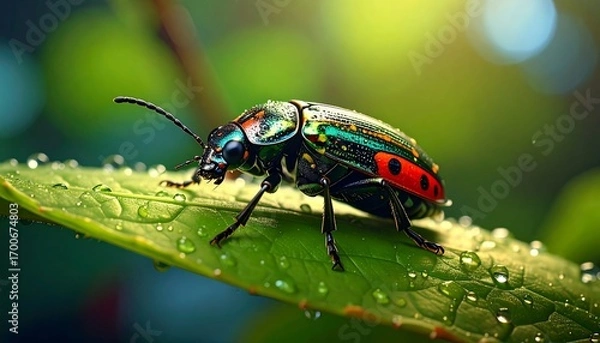 Fototapeta Vibrant beetle on dewy leaf