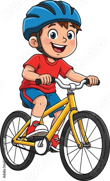 Fototapeta Happy boy riding a bicycle wearing a helmet isolated on white background
