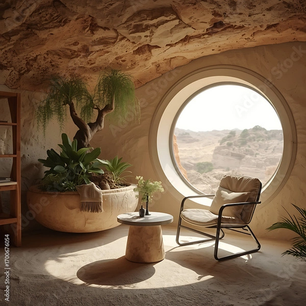 Fototapeta A futuristic recreation nook in mars habitat features integrated furniture, a small hanging garden, a round window, a stone table, and a light-structured chair with a metal frame.