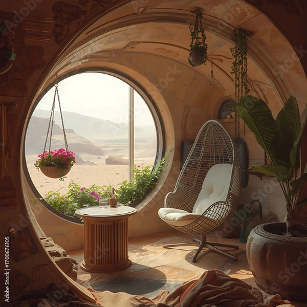 Fototapeta A futuristic recreation nook in mars habitat features integrated furniture, a small hanging garden, a round window, a stone table, and a light-structured chair with a metal frame.