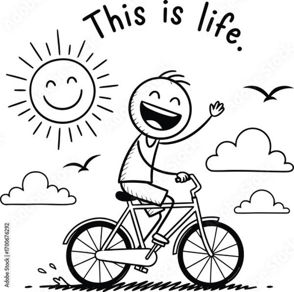 Fototapeta Happy child riding a bicycle with sun and birds, isolated on white background