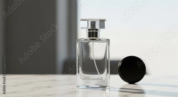 Fototapeta Clear glass perfume bottle on marble surface