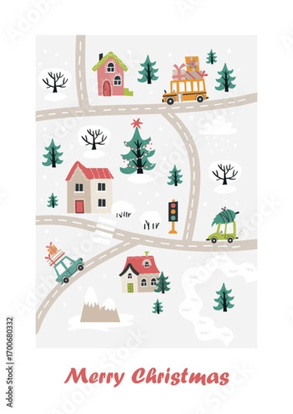 Fototapeta Vector Christmas card in the form of a map with streets, houses and cars
