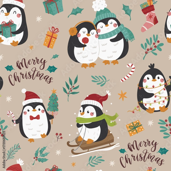 Fototapeta Vector Christmas seamless pattern with cute penguins and Christmas tree.