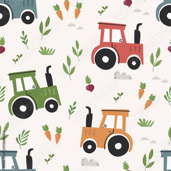 Fototapeta Vector seamless pattern with cute tractors and vegetables. Pattern for bedroom, wallpaper, kids and baby wear.