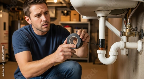 Fototapeta Plumber repairing pipe under sink with tape.  Home repair involves fixing leaky pipe using waterproof tape. Professional plumber uses special tape for plumbing repair.
