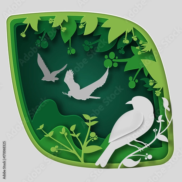 Fototapeta Paper art carve to bird on tree branch in forest at night, origami concept nature and animals idea, vector art and illustration.