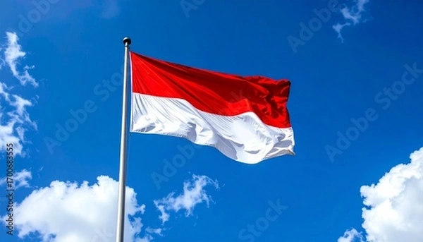 Fototapeta Proud Indonesian flag waves majestically against a vibrant blue sky with scattered clouds