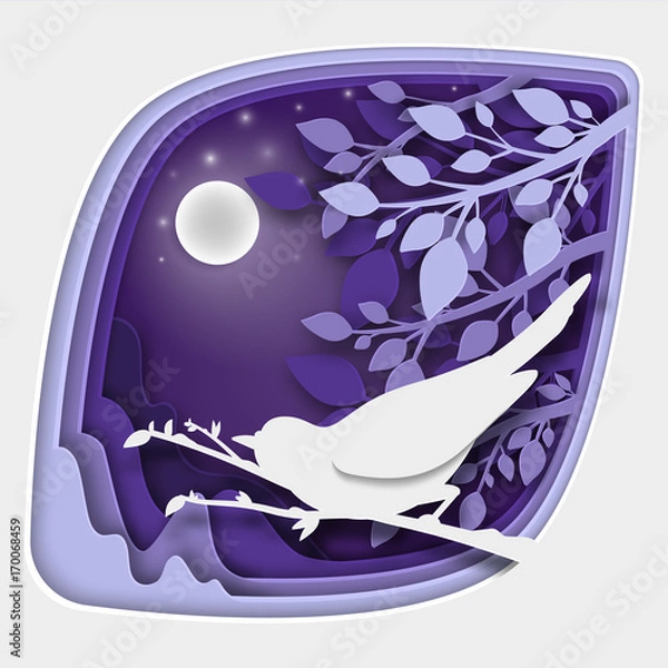 Fototapeta Paper art carve to bird on tree branch in forest at night, origami concept nature and animals idea, vector art and illustration.