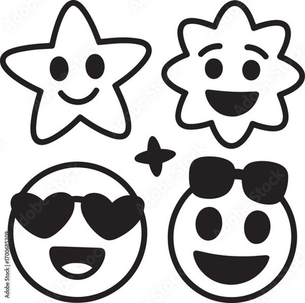 Obraz Cheerful Emoji Set with Star, Flower, Heart Eyes, and Sunglasses on Transparent Background