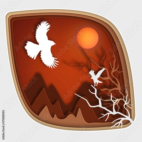 Fototapeta Paper art carve to bird on tree branch in forest at night, origami concept nature and animals idea, vector art and illustration.