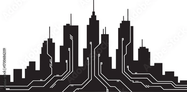 Obraz Futuristic Cityscape Silhouette with Circuit Board Details for Technology and Innovation