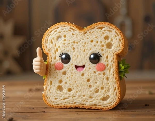 Fototapeta Happy anthropomorphic sandwich giving a thumbs up in a charming culinary setting.